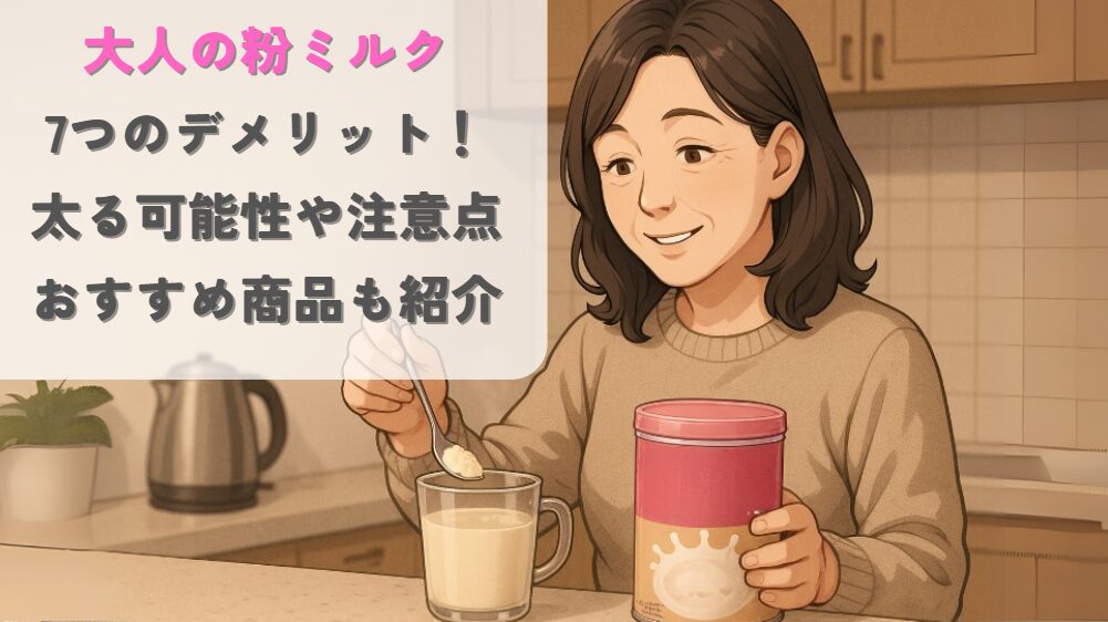 大人の粉ミルクを作る日本人の女性のイラスト。 本文ではデメリットや太る可能性、注意点やおすすめの商品を紹介しています。